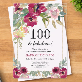 Elegant Burgundy Pink Gold Floral 100. Geburtstag Acryleinladungen