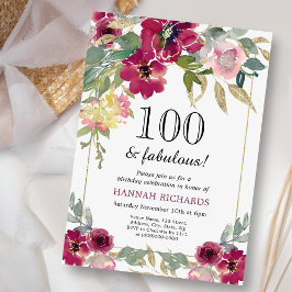 Elegant Burgundy Pink Gold Floral 100. Geburtstag Einladung