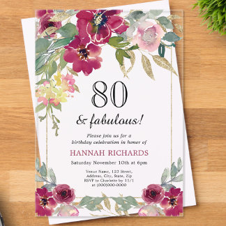 Elegant Burgundy Pink Gold Floral 80. Geburtstag Acryleinladungen