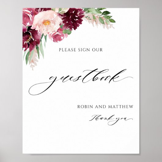 Elegant Burgundy Pink Wedding Gästebuchunterschrif Poster (Vorne)