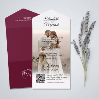 Elegant Burgundy QR Code Foto Wedding All In One Einladung