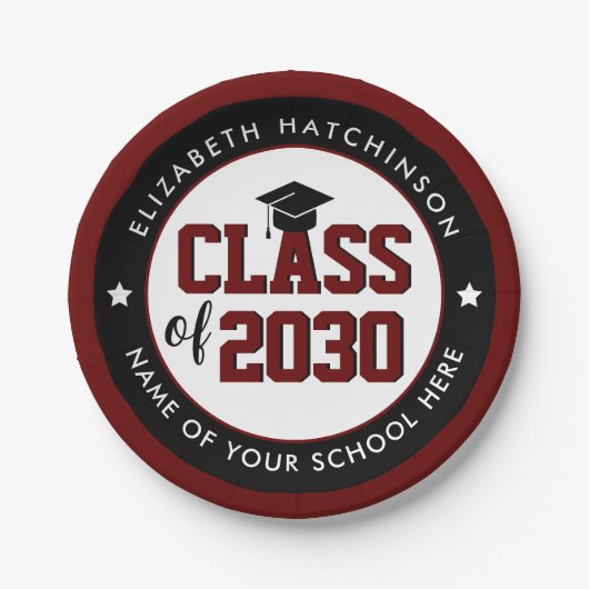 Elegant Burgundy Red Class of 2023 Abschluss Pappteller (Vorderseite)
