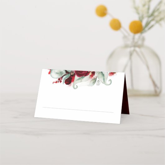 Elegant Burgundy Red Floral Wedding Platzkarte (Vorderseite)