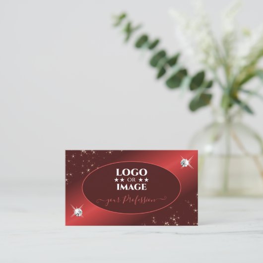 Elegant Burgundy Red Glitzer Stars Jewels Logo hin Visitenkarte (Stehend Vorderseite)