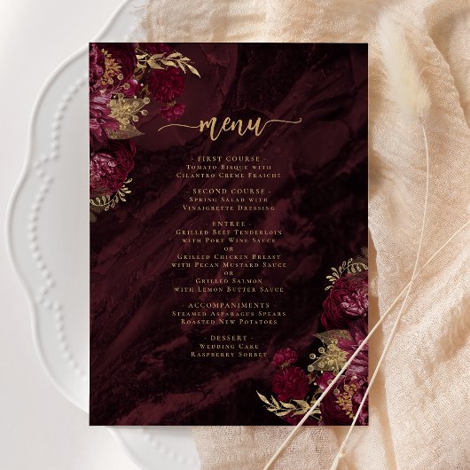 Elegant Burgundy Red Gold Floral Wedding Menükarte