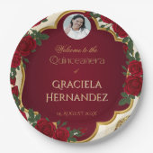 Elegant Burgundy Red & Gold Rose Quinceañera Pappteller (Vorderseite)