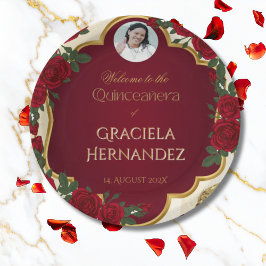Elegant Burgundy Red & Gold Rose Quinceañera  Pappteller
