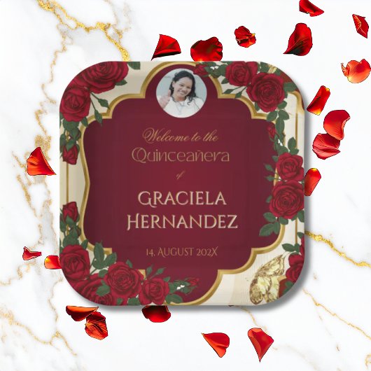 Elegant Burgundy Red & Gold Rose Quinceañera Pappteller