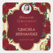 Elegant Burgundy Red & Gold Rose Quinceañera Quadratischer Aufkleber (Vorderseite)