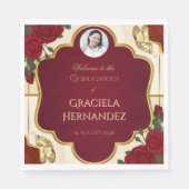 Elegant Burgundy Red & Gold Rose Quinceañera Serviette (Vorderseite)