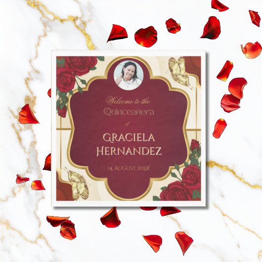 Elegant Burgundy Red & Gold Rose Quinceañera  Serviette