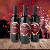 Elegant Burgundy Red & Gold Rose Quinceañera Weinetikett