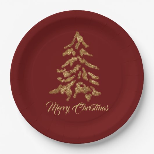 Elegant Burgundy Red Golden Tree Frohe Weihnachten Pappteller (Vorderseite)