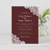 Elegant Burgundy Red Lace Wedding Einladung (Stehend Vorderseite)