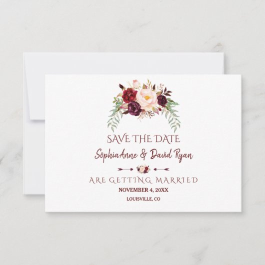 Elegant Burgundy Red Marsala Floral Save the Date (Vorderseite)
