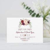 Elegant Burgundy Red Marsala Floral Save the Date (Stehend Vorderseite)