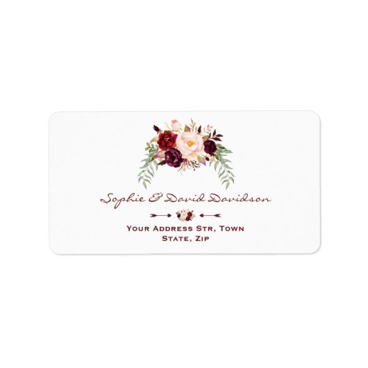 Elegant Burgundy Red Marsala Floral Wedding Adressaufkleber (Vorne)