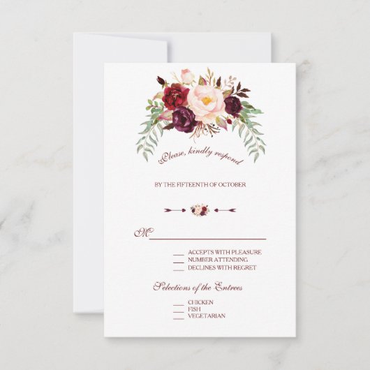 Elegant Burgundy Red Marsala Floral Wedding RSVP (Vorderseite)