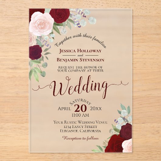 Elegant Burgundy Red & Pink Roses Boho Wedding Acryleinladungen (Vorderseite)