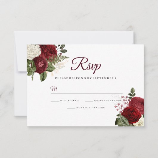 Elegant Burgundy Red White Floral Wedding RSVP (Vorderseite)