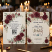 Elegant Burgundy Rose All In One QR Code Wedding Einladung