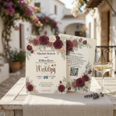 Elegant Burgundy Rose All In One QR Code Wedding Einladung