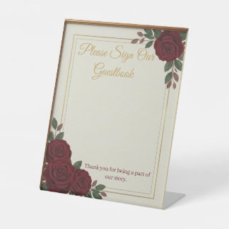 Elegant Burgundy Rose & Gold Guestbook Wedding Sig Sockelschild