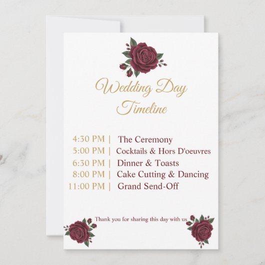 Elegant Burgundy Rose & Gold Wedding Day Timeline  (Vorderseite)