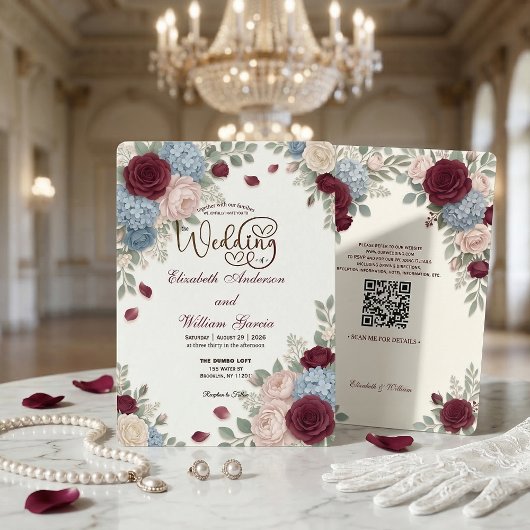 Elegant Burgundy Rose Modern QR Code Wedding Einladung