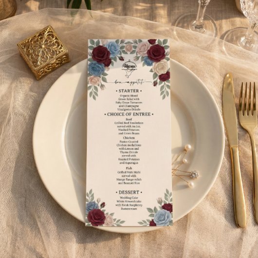 Elegant Burgundy Roses Wedding Menu Menükarte