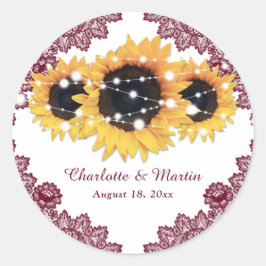 Elegant Burgundy Rustic Chic Sunflower Wedding Runder Aufkleber