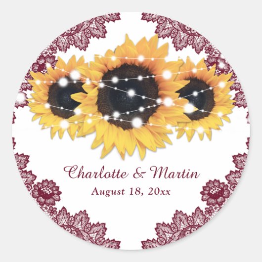 Elegant Burgundy Rustic Chic Sunflower Wedding Runder Aufkleber (Vorderseite)