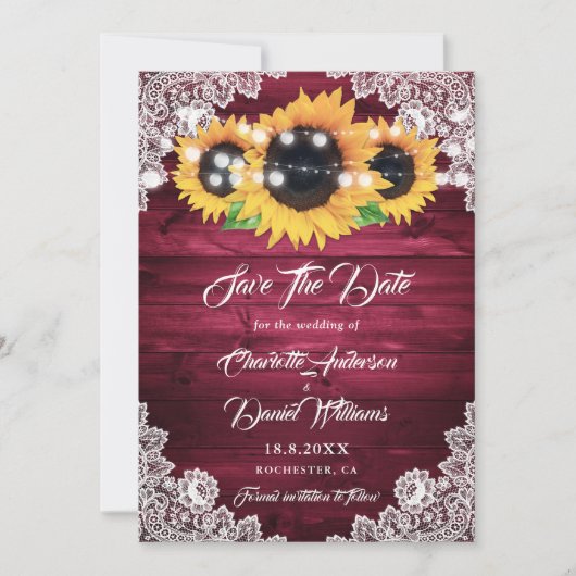 Elegant Burgundy Rustic Wood Lace Sonnenblume Save The Date (Vorderseite)