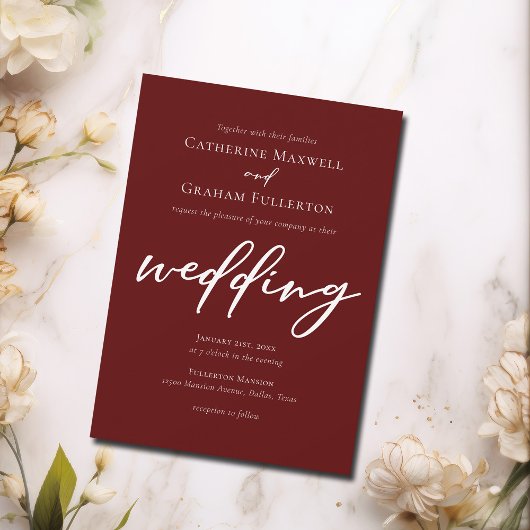 Elegant Burgundy Script Abend Wedding Einladung