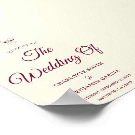 Elegant Burgundy Script Cream Ivory Bow Wedding Poster (Ecke)