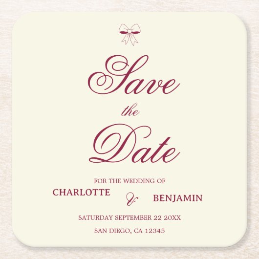 Elegant Burgundy Script Cream Ivory Bow Wedding Rechteckiger Pappuntersetzer (Vorderseite)