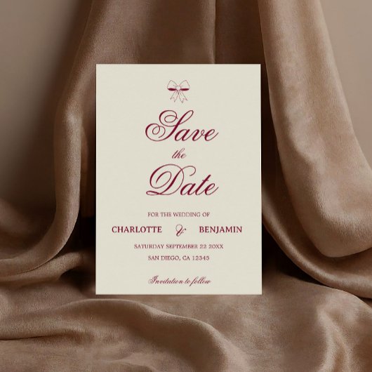 Elegant Burgundy Script Cream Ivory Bow Wedding Save The Date