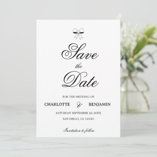 Elegant Burgundy Script Cream Ivory Bow Wedding Save The Date (Stehend Vorderseite)
