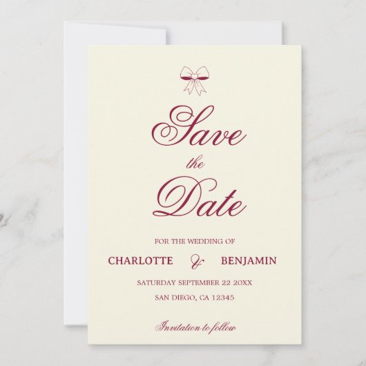 Elegant Burgundy Script Cream Ivory Bow Wedding Save The Date (Vorderseite)