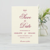 Elegant Burgundy Script Cream Ivory Bow Wedding Save The Date (Stehend Vorderseite)