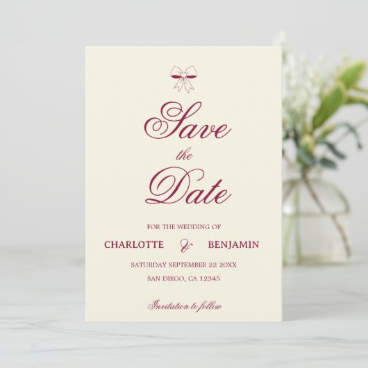Elegant Burgundy Script Cream Ivory Bow Wedding Save The Date (Stehend Vorderseite)