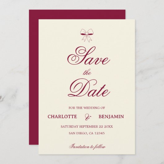 Elegant Burgundy Script Cream Ivory Bow Wedding Save The Date (Vorne/Hinten)