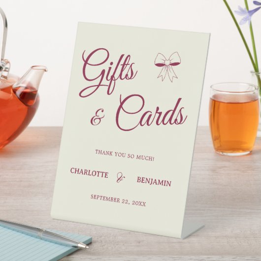 Elegant Burgundy Script Cream Ivory Bow Wedding Sockelschild (In Situ)