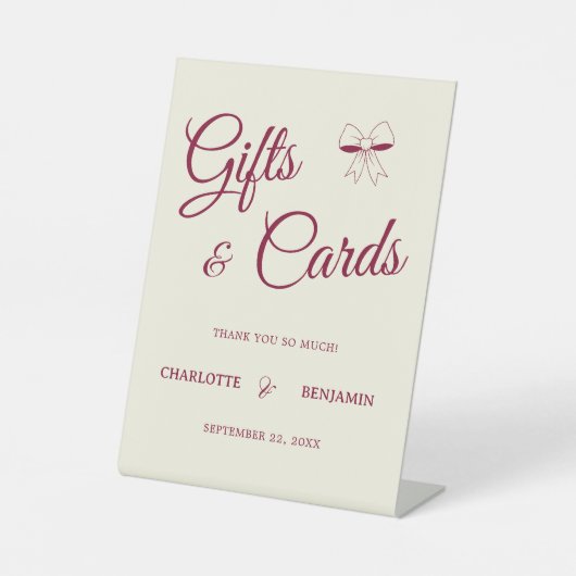 Elegant Burgundy Script Cream Ivory Bow Wedding Sockelschild (Vorderseite)