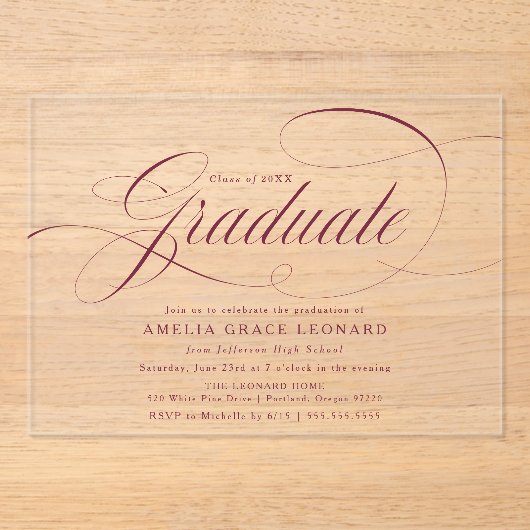 Elegant Burgundy Script Graduation Party Acryleinladungen (Vorderseite)