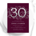 Elegant Burgundy Silver 30. Geburtstag Einladung<br><div class="desc">Elegante burgundy silber 30. Geburtstag Party Einladung. Individuell anpassbares modernes feminines Design mit Rose botanischen Akzenten und Imitaten Glitzer Silber. Einfache florale Einladungskarte perfekt für eine stilvolle Damenfeier. Personalisieren Sie Ihre persönlichen Daten. Gedruckte Zazzle Einladungen oder Sofortdownload digitalen druckbaren Vorlage.</div>
