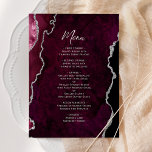 Elegant Burgundy Silver Agate Wedding Menu Menükarte<br><div class="desc">This elegant modern wedding menu features a burgundy red watercolor agate background trimmed with faux silver glitter. The customizable text combines silver gray handwriting script and copperplate fonts. The reverse side features a matching burgundy and silver agate design.</div>