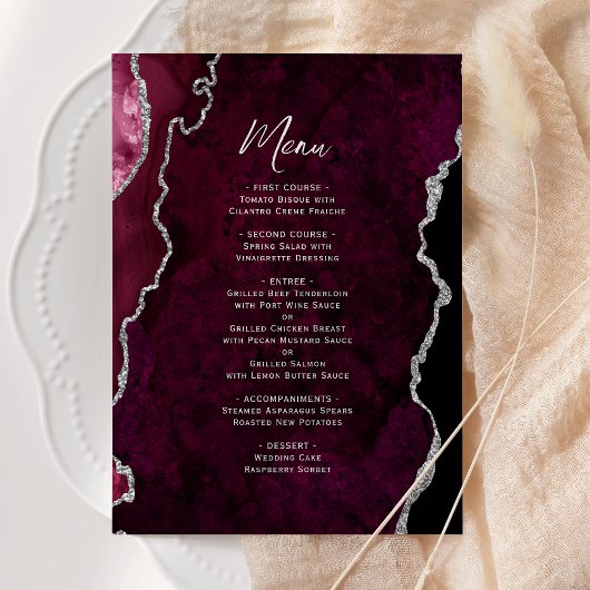 Elegant Burgundy Silver Agate Wedding Menu Menükarte