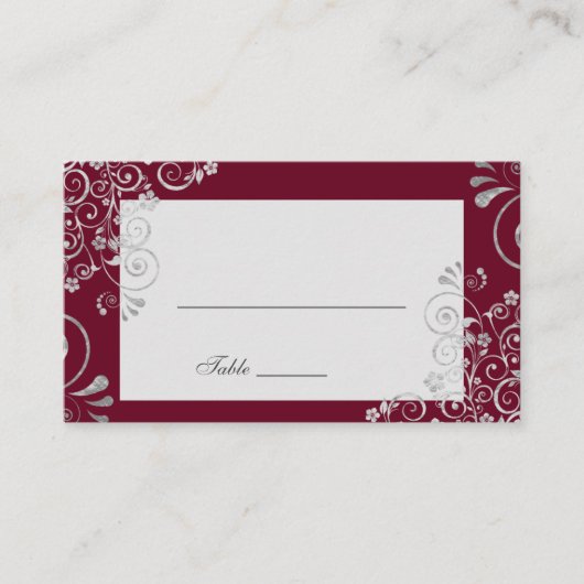 Elegant Burgundy Silver Gray Swirl Wedding Platzkarte (Vorderseite)