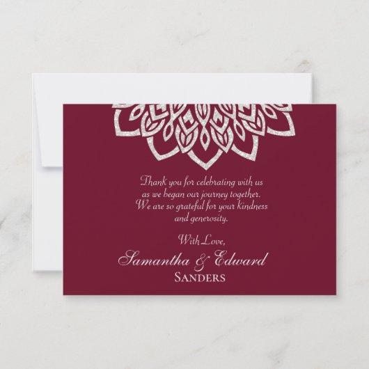 Elegant Burgundy Silver Mandala Wedding Dankeskarte (Rückseite)